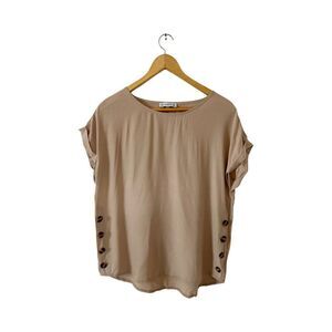 Elings Nude Neutral Scoop Neck Short Cuffed Sleeve Blouse